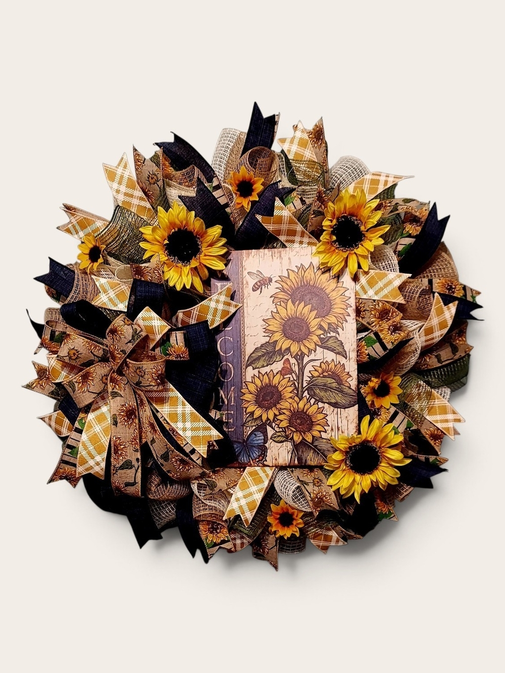 Hand Crafted Sunflower Welcome Wreath - Yellow, Black, Brown
